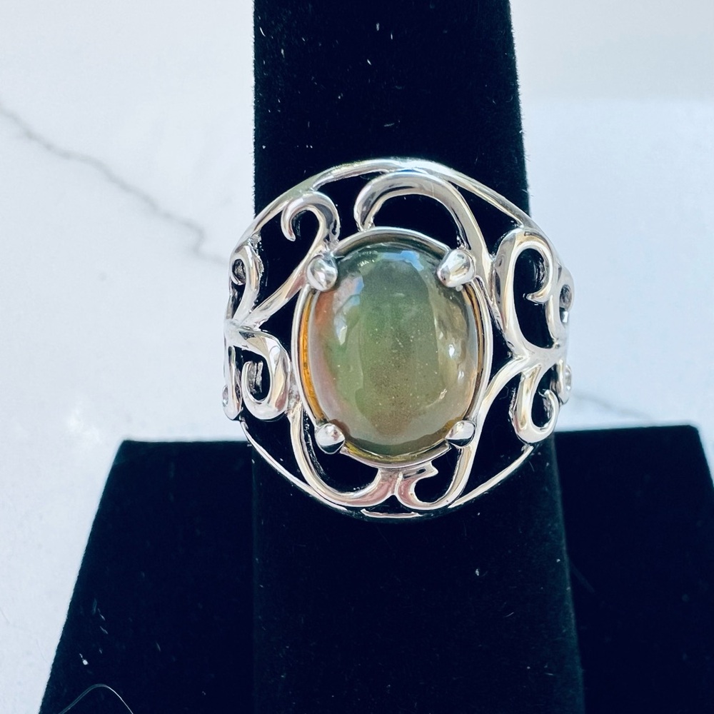 Sterling Silver Natural Cabochon Black Opal Filigree Ring Estate Sale